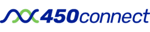 Logo von 450connect mit einem blauen und grünen, verschlungenen DNA-Symbol vor dem blauen Text '450connect'.