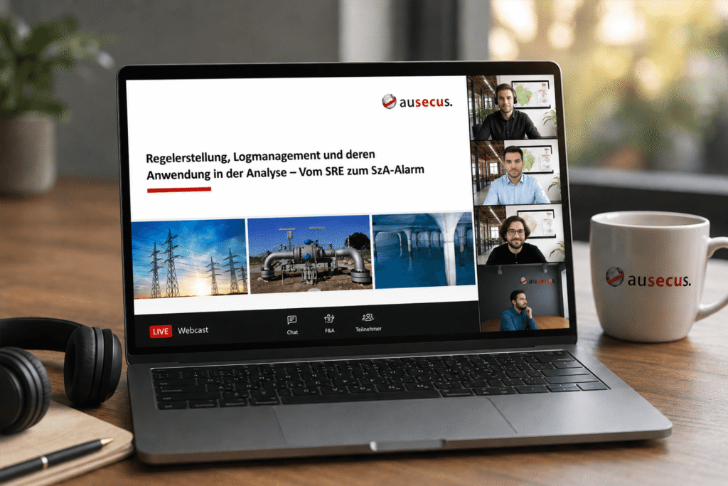 Ein Laptop zeigt einen Live-Webcast von Ausecus über 'Regelerstellung, Logmanagement und deren Anwendung'. Eine Kaffeetasse mit dem Ausecus-Logo steht daneben.