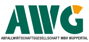 Das Logo der AWG Abfallwirtschaftsgesellschaft mbH Wuppertal zeigt die Buchstaben AWG in Dunkelgrün mit einem gelb-orangen Akzent auf dem 'G' vor weißem Hintergrund.