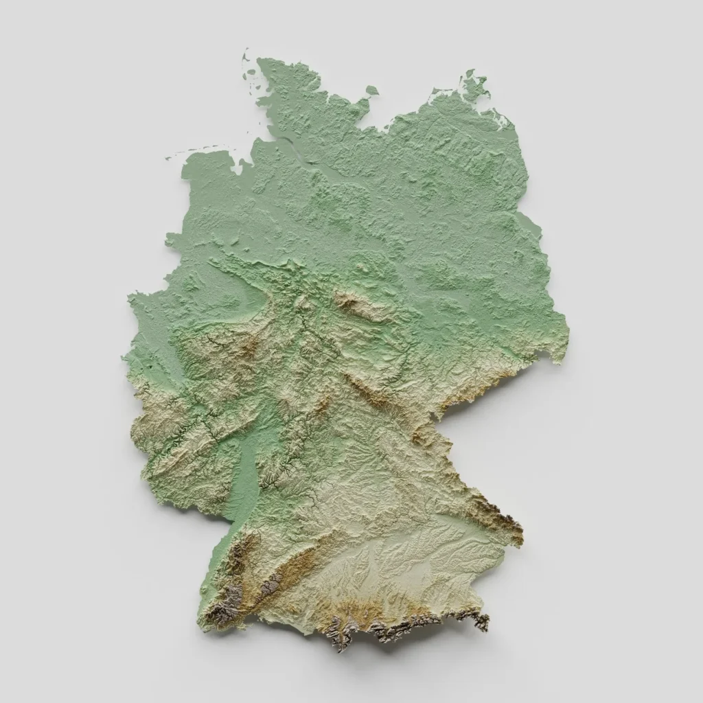 Hochauflösende 3D-Reliefkarte von Deutschland, die Berge, Flüsse und Ebenen topografisch darstellt.