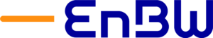 Das offizielle Logo von EnBW, bestehend aus einem orangefarbenen horizontalen Strich und dem blauen Schriftzug 'EnBW'.
