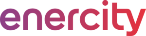 Das Enercity Logo in einem Farbverlauf von Dunkellila zu Rot auf weißem Hintergrund, minimalistisch und modern.