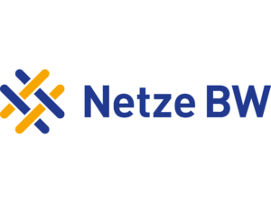 Das Netze BW Logo mit einem abstrakten blau-orangen Symbol und dem Schriftzug 'Netze BW' in Blau.