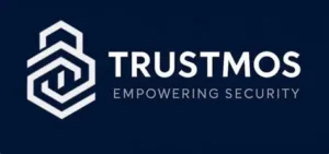 Das Trustmos-Logo mit weißem hexagonalem Symbol und Text 'TRUSTMOS EMPOWERING SECURITY' auf dunkelblauem Hintergrund.