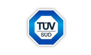 TÜV SÜD Logo in blauer und weißer Farbe, ein achteckiges Emblem mit dem Schriftzug 'TÜV SÜD'.