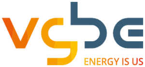 VGBe-Logo mit stilisierten orange-gelben und dunkelblauen Buchstaben und dem Slogan „Energy is Us“ in Orange.