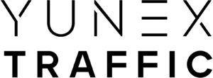 Yunex Traffic Logo, Schwarz auf weißem Hintergrund, minimalistisches Design mit klarer Schrift.